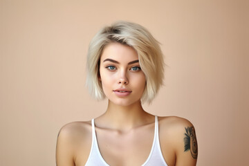 Fototapeta premium Young blond pretty smiling girl beauty female model with short blonde hair beautiful face healthy skin and tattoos looking at camera isolated at beige background. Close up headshot portrait.