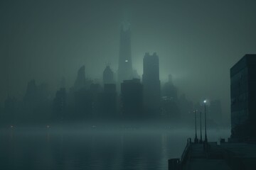 Naklejka premium Misty morning toronto skyline, lake ontario with fog blanket