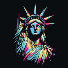 A colorful portrait of the Statue of Liberty from the United States (New York). For T-shirts, stickers, tattoos, posters. Neon colors on black background. Graffiti style