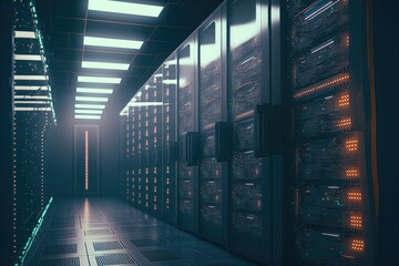 Tech background data center, servers futuristic design, server room with racks and dramatic lighting