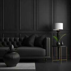 Distinct living room dark interior with luxury sofa, lamp and plant. indoor design