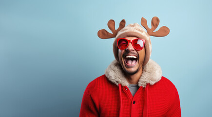 Reindeer Games - Young man wearing reindeer antlers and a red nose, laughing heartily, against a solid color background - AI Generated - obrazy, fototapety, plakaty