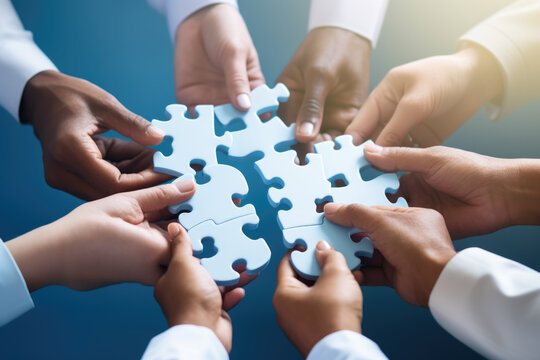 Business hands, puzzle and group of people for solution, teamwork and goals, integration and success. Team building, synergy and collaboration