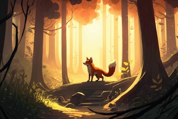 Clever cartoon fox in enchanted forest surrounded by glorious light