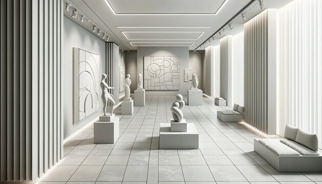 A serene art gallery illuminated by subtle lighting, featuring pristine white sculptures on pedestals, geometric wall art, and soft lounge seats beside tall vertical ridged panels. - Powered by Adobe