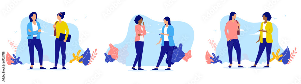 Poster women talking vector collection - set of illustration with female characters having conversation and