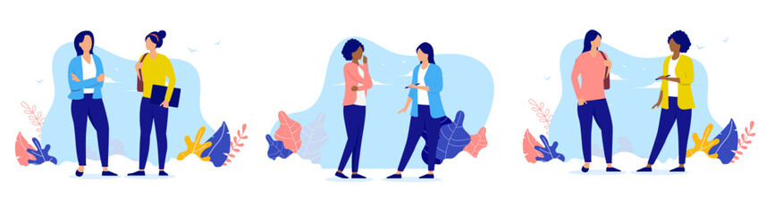 Women talking vector collection - Set of illustration with female characters having conversation and discussion together standing up. Flat design with white background - obrazy, fototapety, plakaty