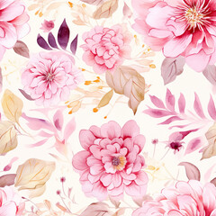 Seamless pattern of abstract watercolor pink and beige flowers