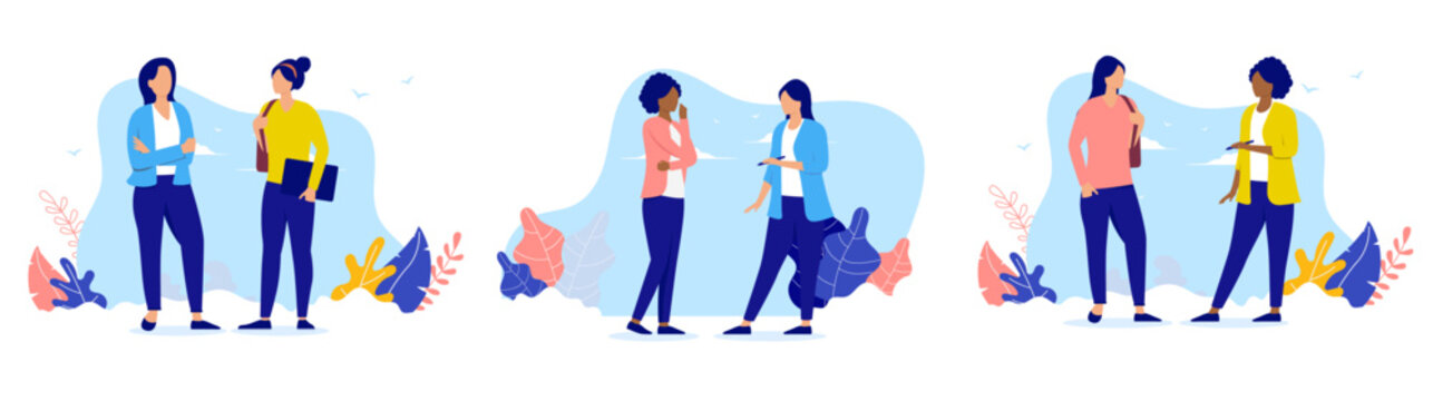 Women talking vector collection - Set of illustration with female characters having conversation and discussion together standing up. Flat design with white background