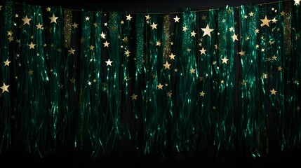 Festive emerald Background of shiny Stars and Decoration. Template for Holidays and Celebrations