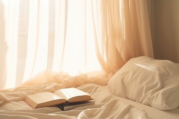 Fototapeta na wymiar Morning Light Filters Through Curtains, Illuminating Book On Bed