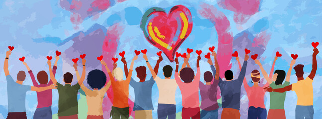 Group of diverse people seen from behind with hands raised holding a heart. Charitable donation and volunteer work. Support and assistance. People diversity. Community.NGO.Aid.No profit