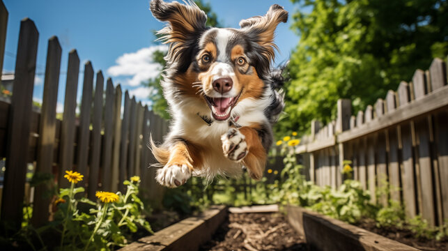 Dog jumping over fence top