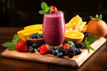 Closeup of a vibrant smoothie and its fresh ingredients on a wooden board. Generative AI