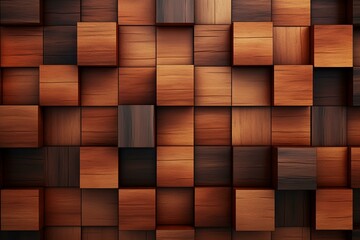 Smooth, glossy, square tiles forming a wall with a 3D effect. Timber blocks stacked to form a wooden background. Computer-generated image. Generative AI