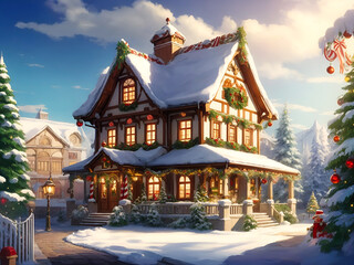 Gingerbread house. Abstract Xmas background, anime styled