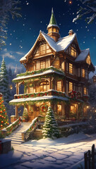 Fototapeta na wymiar Gingerbread house. Abstract Xmas background, anime styled