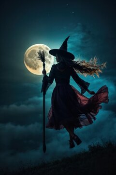 halloween witch flying on broom