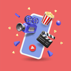 Live streaming. Creating video content with smartphone, movie camera, popcorn box, clapper board. Entertainment media. 3d vector illustration - 667213728