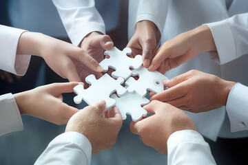 Business hands, puzzle and group of people for solution, teamwork and goals, integration and success. Team building, synergy and collaboration - obrazy, fototapety, plakaty