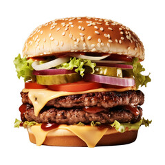 beef burger on a white background, two beef patties with cheese, onion and latus slices with sesame...