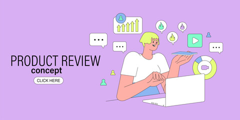 Blogger make video review on product, game or application in social media or vlog for subscribers. Business marketing, strategy, planning, digital advertising, social media and communication.