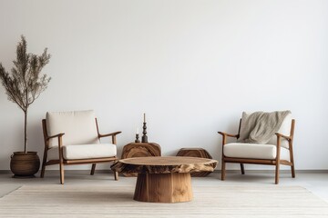 Rustic Live Edge Table And Wooden Armchairs In Scandinavian Living Room
