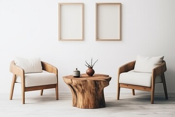 Rustic Live Edge Table And Wooden Armchairs In Scandinavian Living Room
