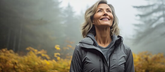 Middle aged woman in gray jacket enjoying fresh forest air during autumn