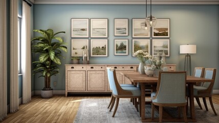 Interior design inspiration of Transitional Eclectic style home dining room loveliness decorated with Wood and Fabric material and Gallery Wall .Generative AI home interior design .