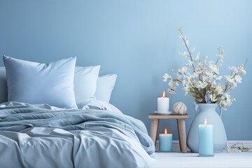 Serene Light Blue Bedroom With Flowers And Candles