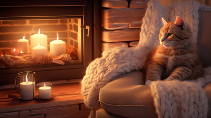 A red cat rests on a chair with a warm blanket next to a candle fireplace