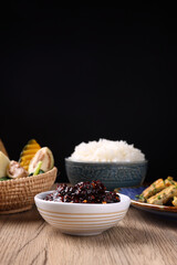 pork shrimp chilli dip local thai food sauce isolated in wood background