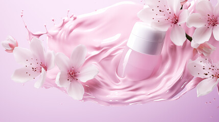 Obraz na płótnie Canvas Composition on the theme of care cosmetics. Lotion bottle surrounded by bursts of creamy lotion texture and flowers. Pink colors.