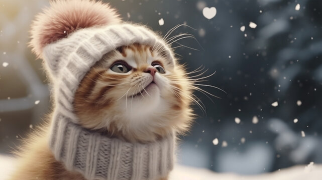 A cute kitten in a knitted hat with a pom-pom watching a snowflake in the shape of a heart