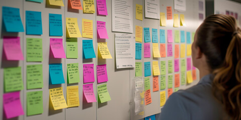 A Woman Contemplating Business Ideas in Front of a Colorful Sticky Note Wall - obrazy, fototapety, plakaty