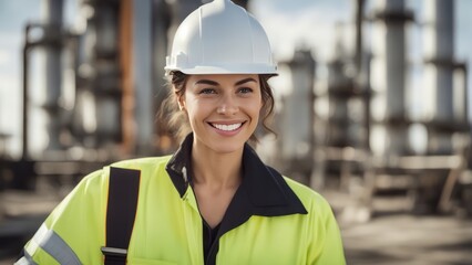 Portrait of a smiling confident female engineer at an oil refinery, confidently overseeing operation