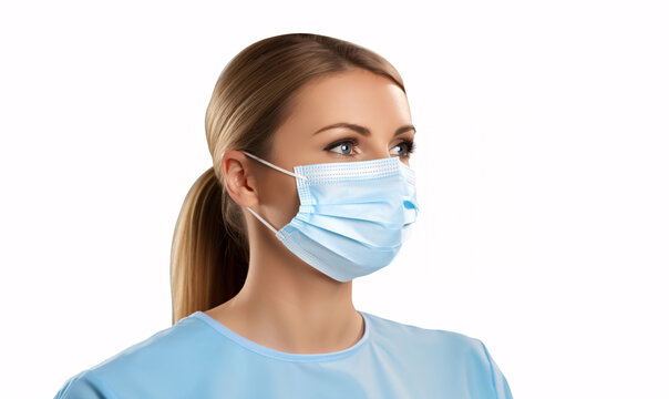 brunette young woman wearing a disposable blue face covering and blue medical scrub top