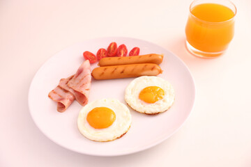 breakfast egg fried ham and sausage breakfast in studio shooting