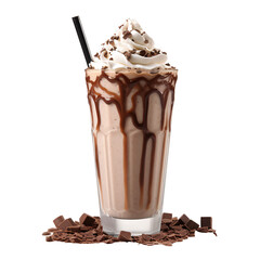 Glass of coffee with chocolate isolated on white background or transparent background, png 
Chocolate milkshake with white froth frape