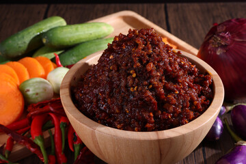 pork shrimp chilli dip local thai food sauce isolated in wood background