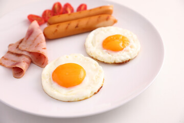 breakfast egg fried ham and sausage breakfast in studio shooting