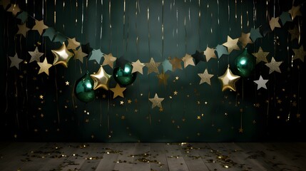 Festive khaki Background of shiny Stars and Decoration. Template for Holidays and Celebrations