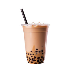 plastic cup of coffee with boba, diecious chocolate bubble tea cup with straw, isolated on white background or transparent background, png