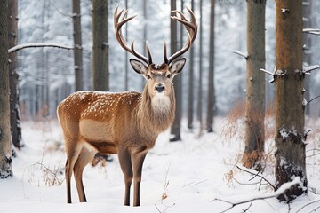 Deer in snowy forest, Christmas winter background. Generative AI