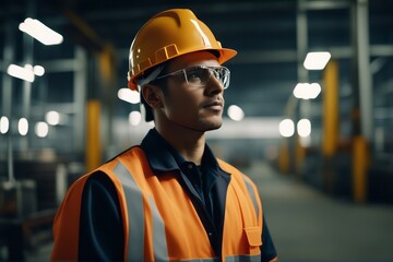 Obraz premium Portrait of Industry maintenance engineer man wearing uniform and safety hard hat on factory station