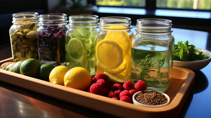 Hydration station: A collection of fresh fruits and herbs for infusing water, encouraging the importance of staying hydrated - obrazy, fototapety, plakaty