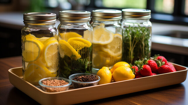 Hydration station: A collection of fresh fruits and herbs for infusing water, encouraging the importance of staying hydrated