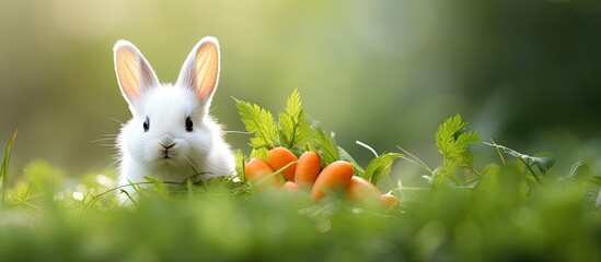 Hilarious baby bunny with carrot in the lawn