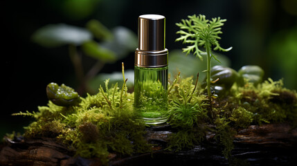 Beauty product in glass bottle on wooden podium surrounded by moss and green plants